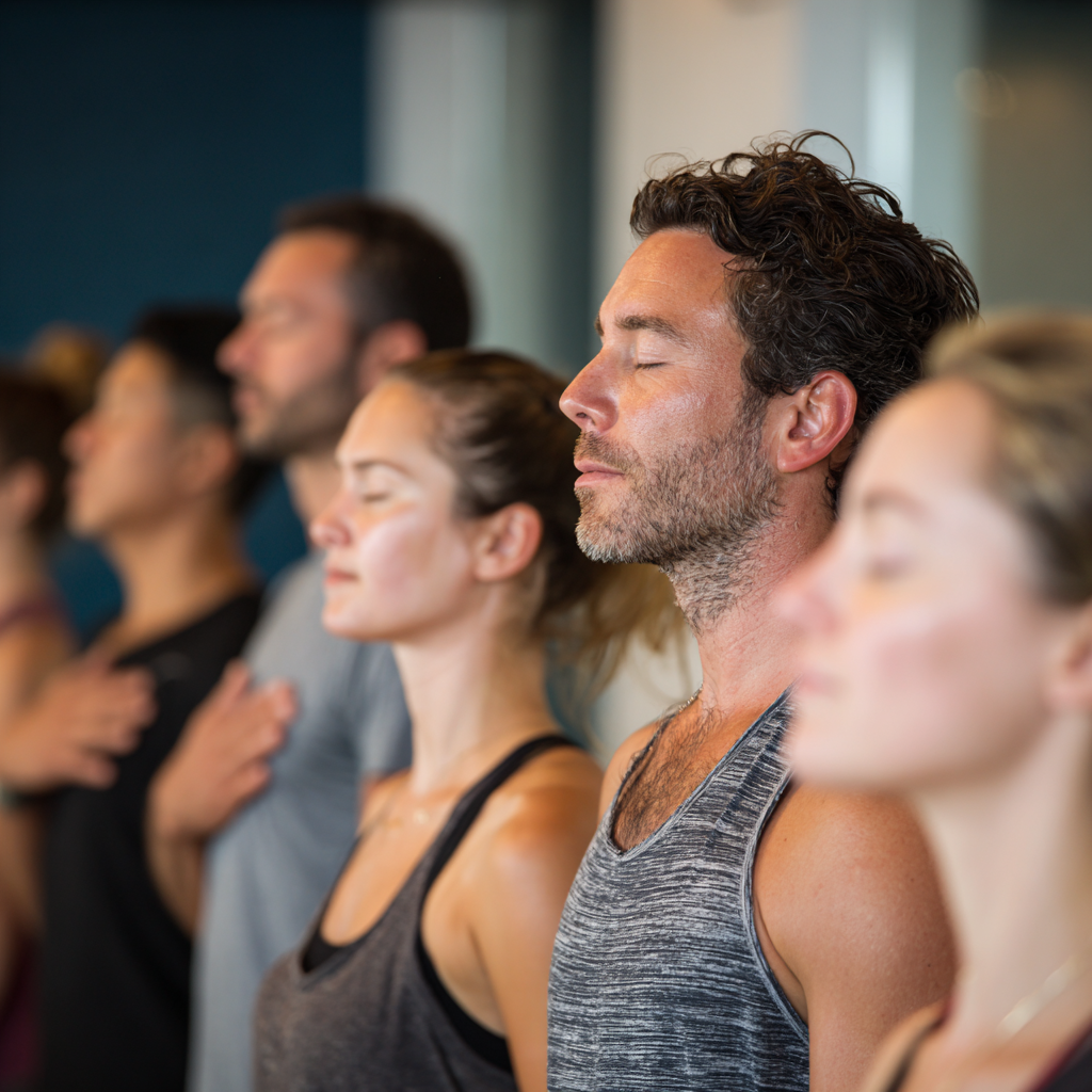 Peaceful Hungarian adults practicing yoga in a serene studio environment with natural lighting