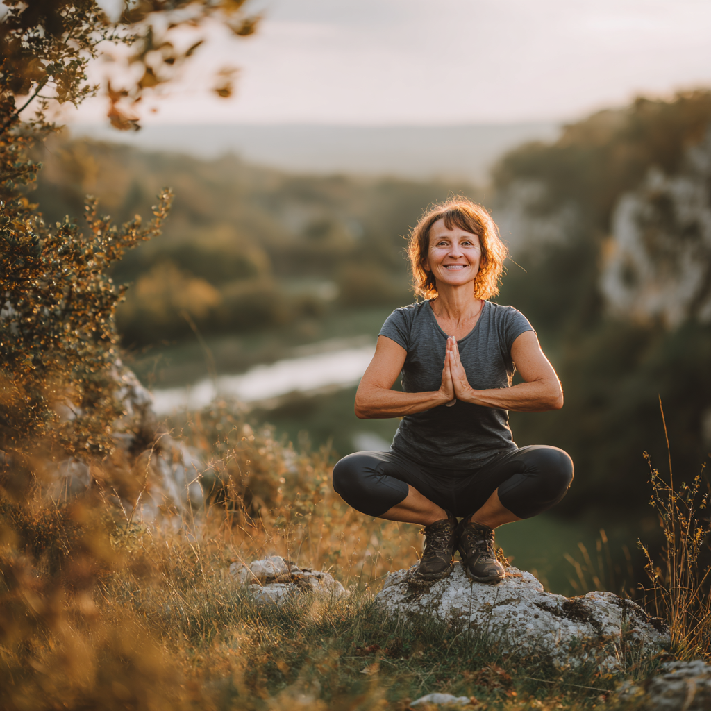 Hungarian adults of various ages practicing stress-relief yoga techniques in a calming environment